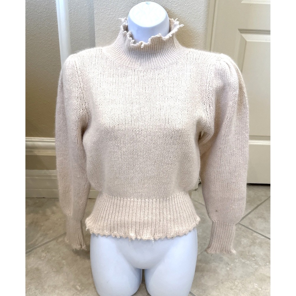 Susann D Vintage Silk Angora Blend Puff Sleeve Beaded Ruffle Sweater Cream M